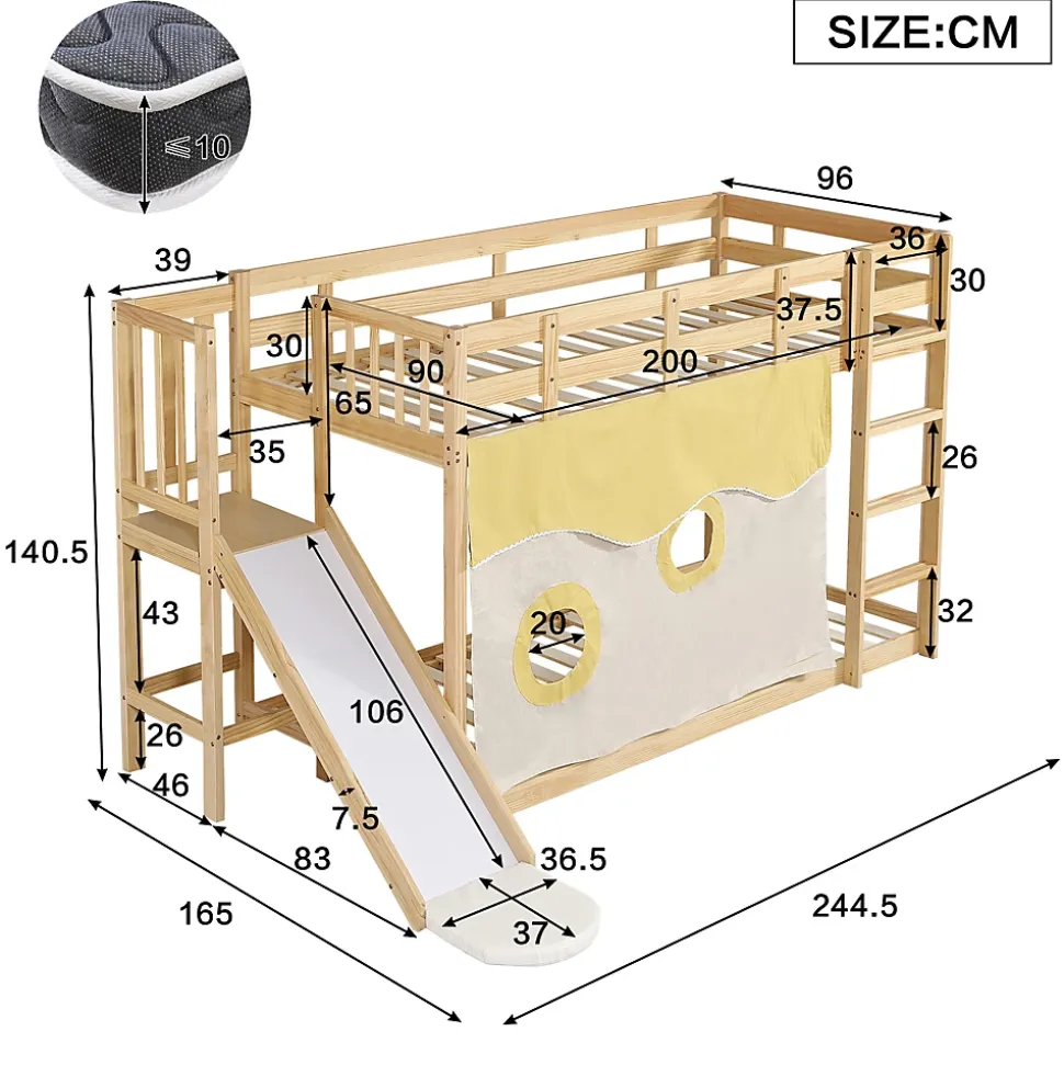 Lit superposé 90x200 cm avec toboggan et escalier intégrés, structure pin et MDF, design naturel pour chambre enfant