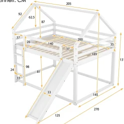 Lit superposé 140x200 cm avec toboggan et échelle, structure en pin massif et MDF, style maison ludique