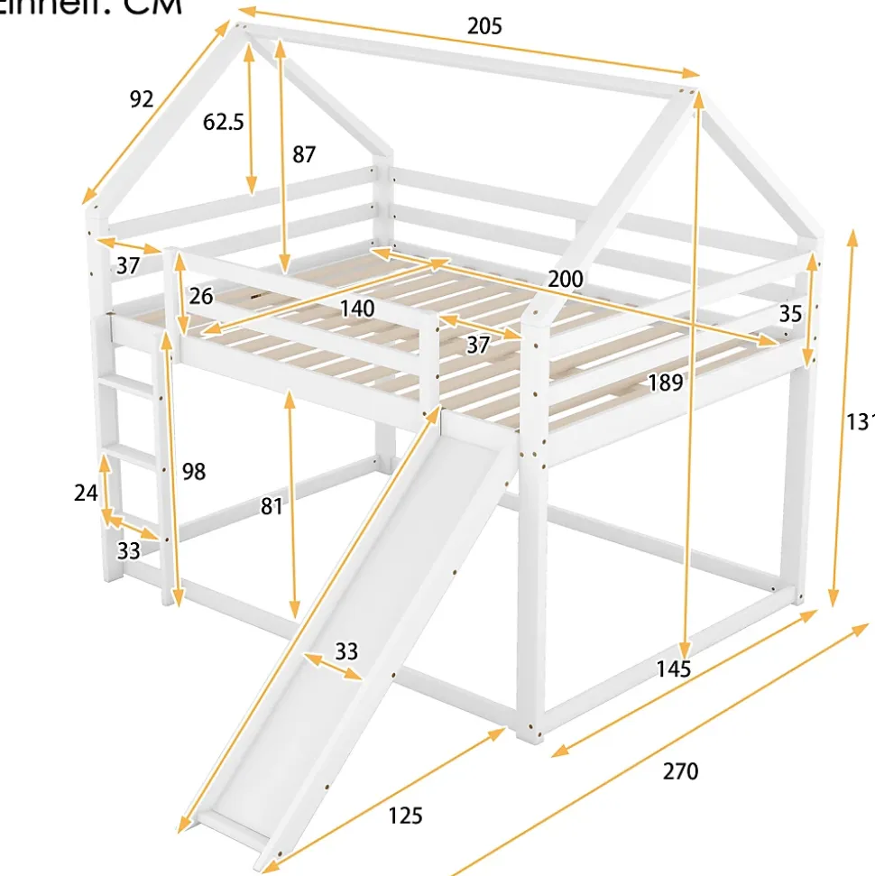 Lit superposé 140x200 cm avec toboggan et échelle, structure en pin massif et MDF, style maison ludique