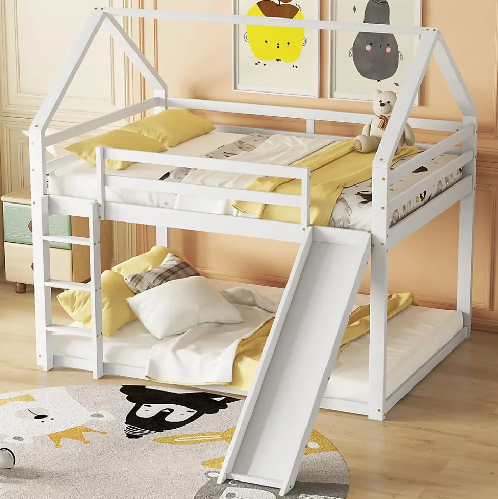 Lit superposé 140x200 cm avec toboggan et échelle, structure en pin massif et MDF, style maison ludique