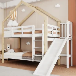 Lit superposé 90x200 cm avec toboggan, lit cabane en bois massif blanc/nature avec barrières de sécurité, lit enfant
