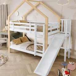 Lit superposé 90x200 cm avec toboggan, lit cabane en bois massif blanc/nature avec barrières de sécurité, lit enfant