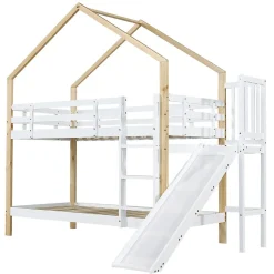 Lit superposé 90x200 cm avec toboggan, lit cabane en bois massif blanc/nature avec barrières de sécurité, lit enfant