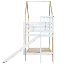 Lit superposé 90x200 cm avec toboggan, lit cabane en bois massif blanc/nature avec barrières de sécurité, lit enfant