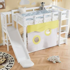 Lit superposé 90x200 cm avec toboggan intégré et échelle, structure bois (MDF + pin) blanc