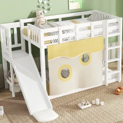 Lit superposé 90x200 cm avec toboggan intégré et échelle, structure bois (MDF + pin) blanc