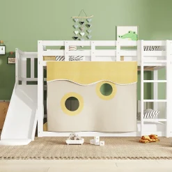 Lit superposé 90x200 cm avec toboggan intégré et échelle, structure bois (MDF + pin) blanc