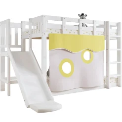 Lit superposé 90x200 cm avec toboggan intégré et échelle, structure bois (MDF + pin) blanc