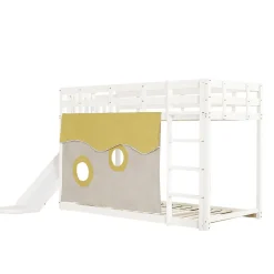 Lit superposé 90x200 cm avec toboggan intégré et échelle, structure bois (MDF + pin) blanc