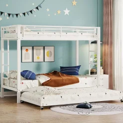 Lit superposé 90x200 cm blanc, cadre en fer, lit gigogne 90x190 cm, sommier à lattes, 2 échelles, certifié EN747, durable