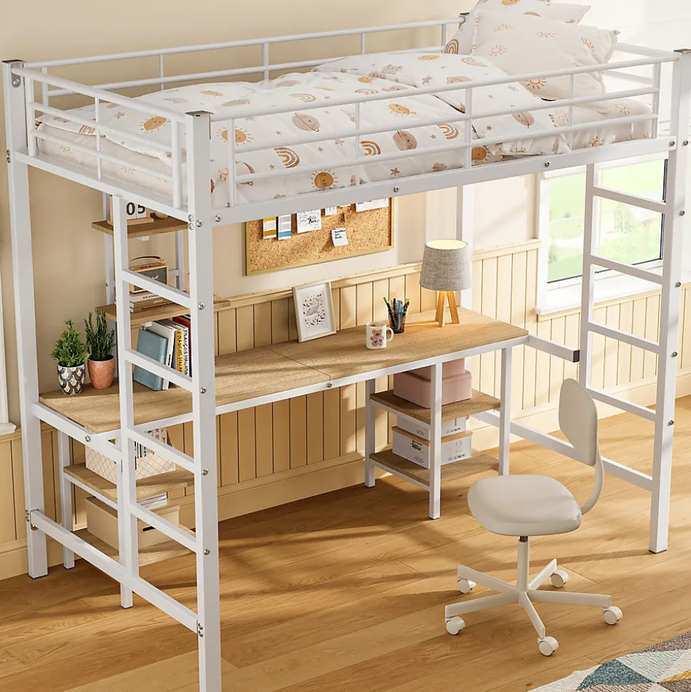 Lit superposé 90x200 cm, cadre métal, table, étagères, sécurité, pour enfants et ados