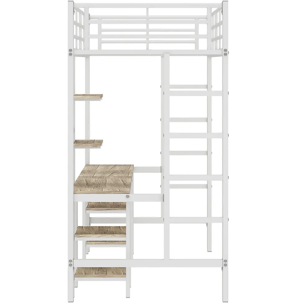 Lit superposé 90x200 cm, cadre métal, table, étagères, sécurité, pour enfants et ados