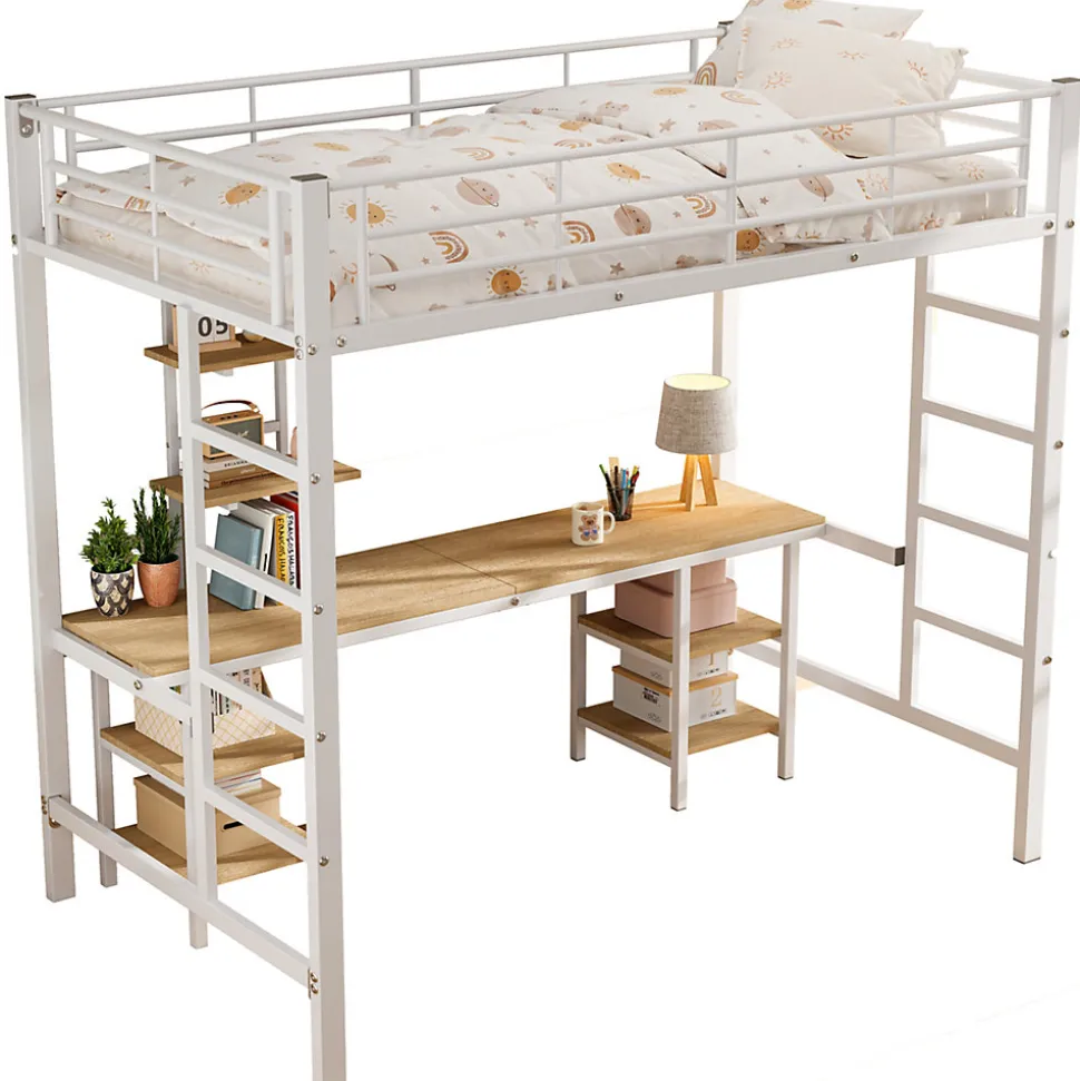 Lit superposé 90x200 cm, cadre métal, table, étagères, sécurité, pour enfants et ados