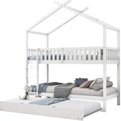 Lit superposé 90x200 cm convertible en 3 lits avec lit gigogne et barrières, structure bois massif blanc