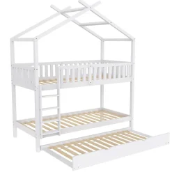 Lit superposé 90x200 cm convertible en 3 lits avec lit gigogne et barrières, structure bois massif blanc