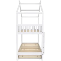 Lit superposé 90x200 cm convertible en 3 lits avec lit gigogne et barrières, structure bois massif blanc