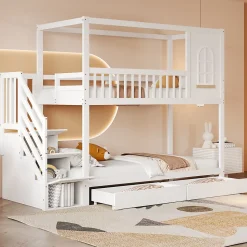 Lit superposé 90x200 cm en bois massif avec tiroirs intégrés, échelle sécurisée et design maison ludique