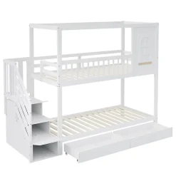 Lit superposé 90x200 cm en bois massif avec tiroirs intégrés, échelle sécurisée et design maison ludique