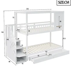 Lit superposé 90x200 cm en bois massif avec tiroirs intégrés, échelle sécurisée et design maison ludique