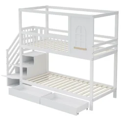 Lit superposé 90x200 cm en bois massif avec tiroirs intégrés, échelle sécurisée et design maison ludique