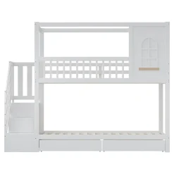 Lit superposé 90x200 cm en bois massif avec tiroirs intégrés, échelle sécurisée et design maison ludique