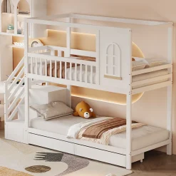 Lit superposé 90x200 cm en bois massif avec tiroirs intégrés, échelle sécurisée et design maison ludique