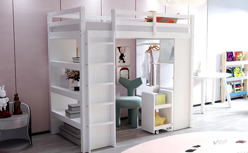 Lit superposé 90x200 cm en bois massif avec étagères multiples et organiseur roulant amovible, blanc