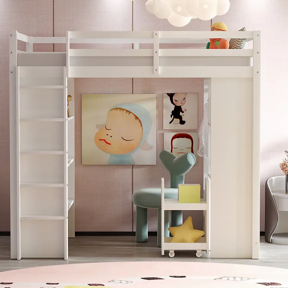 Lit superposé 90x200 cm en bois massif avec étagères multiples et organiseur roulant amovible, blanc