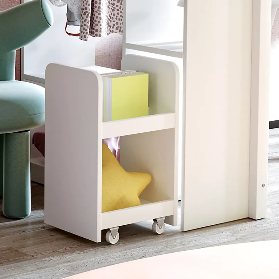 Lit superposé 90x200 cm en bois massif avec étagères multiples et organiseur roulant amovible, blanc