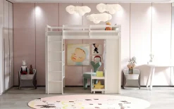 Lit superposé 90x200 cm en bois massif avec étagères multiples et organiseur roulant amovible, blanc