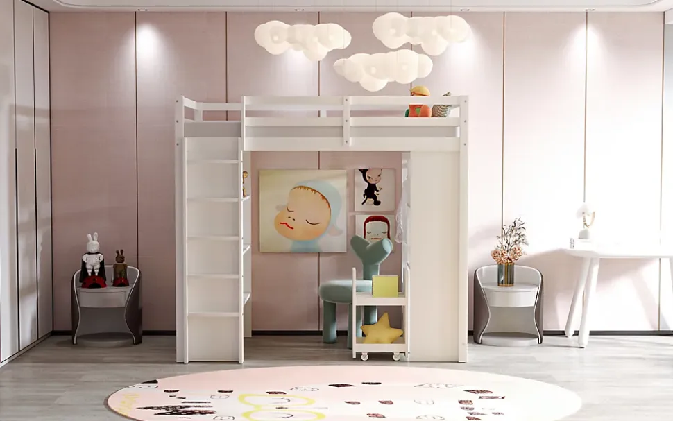 Lit superposé 90x200 cm en bois massif avec étagères multiples et organiseur roulant amovible, blanc