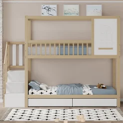 Lit superposé 90x200 cm en bois massif avec tiroirs de rangement et échelle intégrée sécurisée