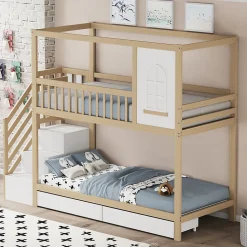 Lit superposé 90x200 cm en bois massif avec tiroirs de rangement et échelle intégrée sécurisée