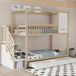 Lit superposé 90x200 cm en bois massif avec tiroirs de rangement et échelle intégrée sécurisée