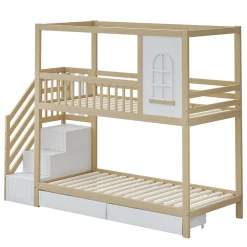 Lit superposé 90x200 cm en bois massif avec tiroirs de rangement et échelle intégrée sécurisée