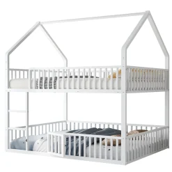 Lit superposé 140x200 cm en métal avec échelle intégrée et porte ouvrante, style maison ludique