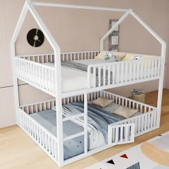 Lit superposé 140x200 cm en métal avec échelle intégrée et porte ouvrante, style maison ludique