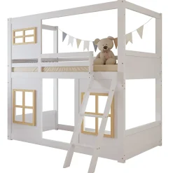 Lit superposé 90x200 cm enfant avec échelle sécurisée et barrières de protection, bois pin+MDF blanc+naturel