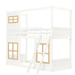 Lit superposé 90x200 cm enfant avec échelle sécurisée et barrières de protection, bois pin+MDF blanc+naturel