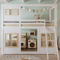 Lit superposé 90x200 cm enfant avec échelle sécurisée et barrières de protection, bois pin+MDF blanc+naturel