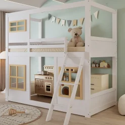 Lit superposé 90x200 cm enfant avec échelle sécurisée et barrières de protection, bois pin+MDF blanc+naturel