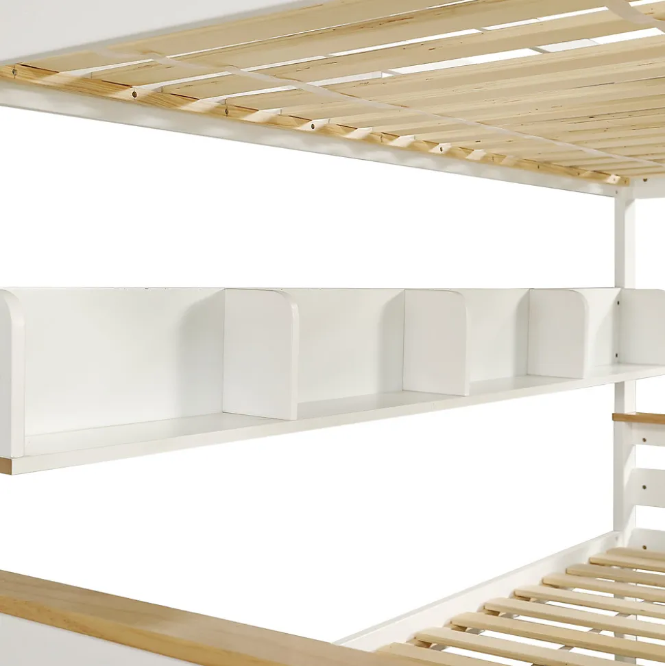 Lit superposé 90x200 cm, fenêtres, 4 étagères, sécurité, échelle 4 marches, cadre bois