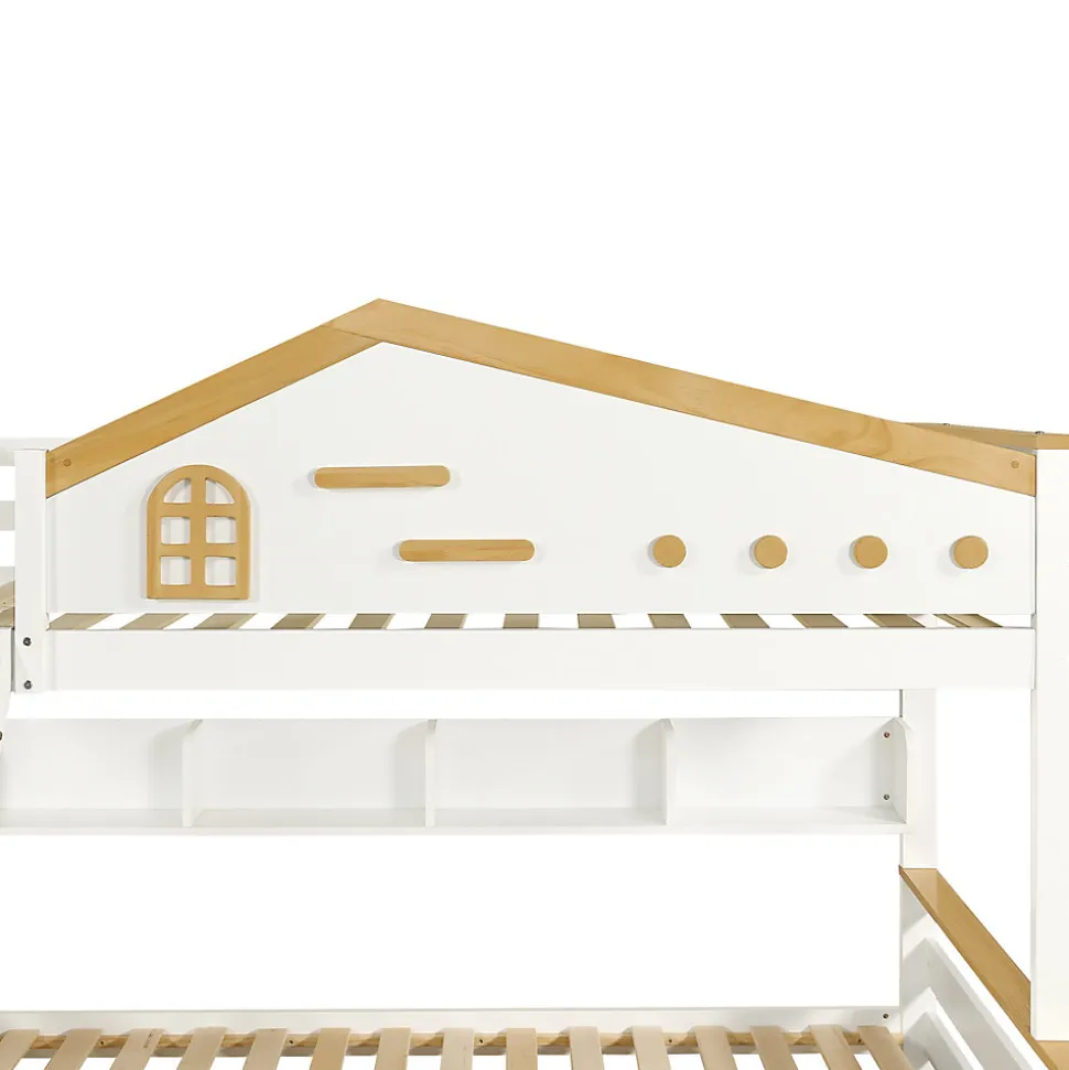 Lit superposé 90x200 cm, fenêtres, 4 étagères, sécurité, échelle 4 marches, cadre bois