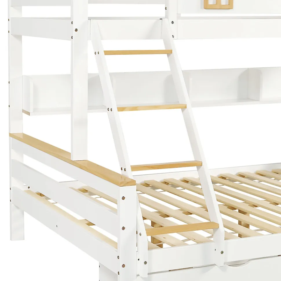 Lit superposé 90x200 cm, fenêtres, 4 étagères, sécurité, échelle 4 marches, cadre bois