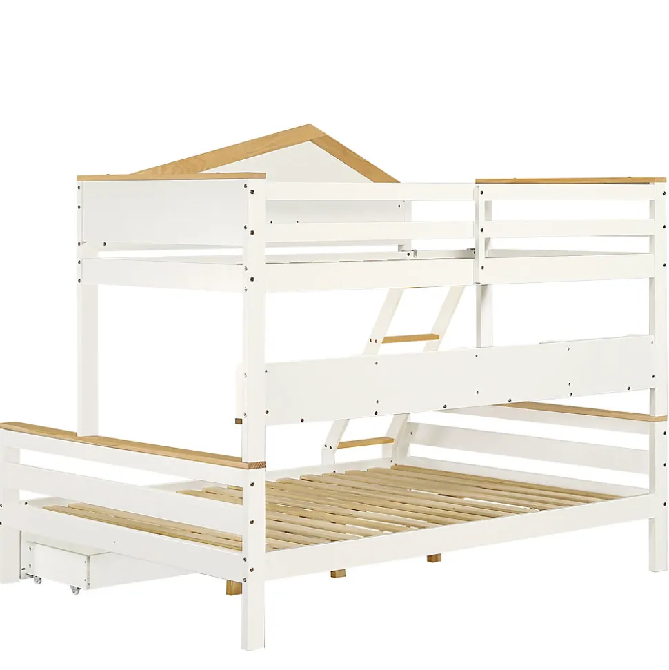 Lit superposé 90x200 cm, fenêtres, 4 étagères, sécurité, échelle 4 marches, cadre bois