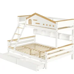 Lit superposé 90x200 cm, fenêtres, 4 étagères, sécurité, échelle 4 marches, cadre bois