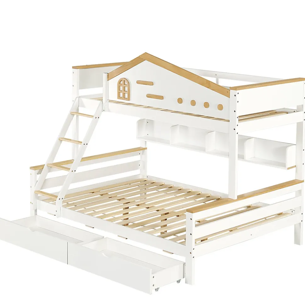 Lit superposé 90x200 cm, fenêtres, 4 étagères, sécurité, échelle 4 marches, cadre bois