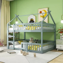 Lit superposé 140x200 cm gris bois massif, style loft, escalier, pratique et sécurisé pour enfants et familles