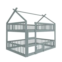 Lit superposé 140x200 cm gris bois massif, style loft, escalier, pratique et sécurisé pour enfants et familles