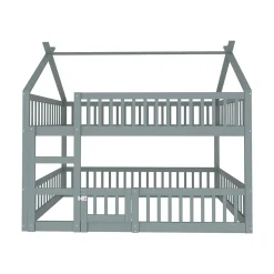 Lit superposé 140x200 cm gris bois massif, style loft, escalier, pratique et sécurisé pour enfants et familles